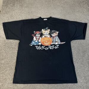 Vintage Basic Editions Halloween Shirt Mens XL Black Trick Or Treat Cats Graphic